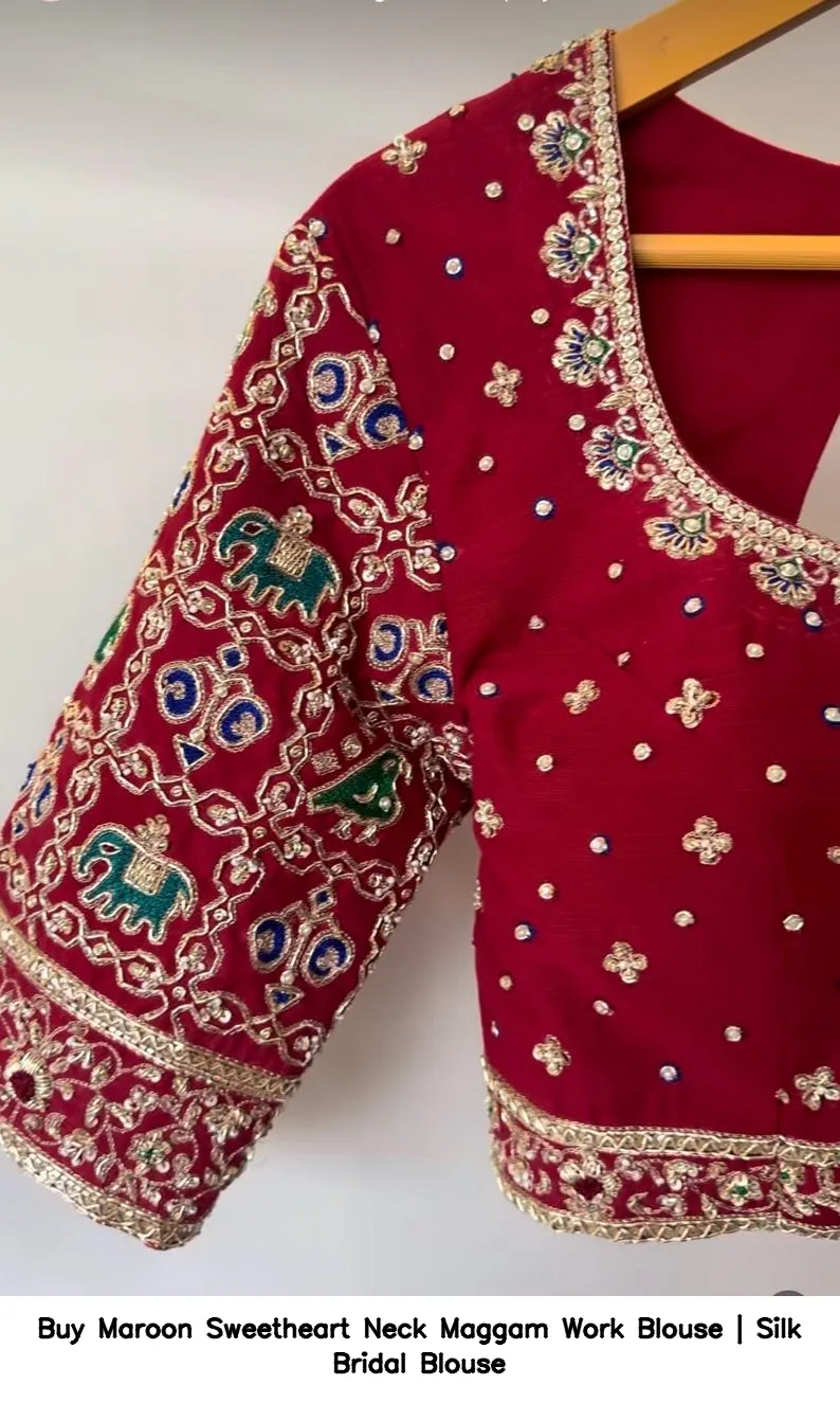 Buy Maroon Sweetheart Neck Maggam Work Blouse | Silk Bridal Blouse