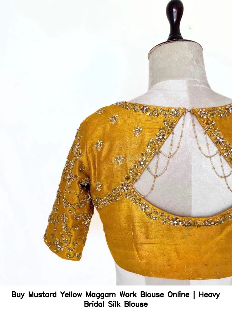 Buy Mustard Yellow Maggam Work Blouse Online | Heavy Bridal Silk Blouse