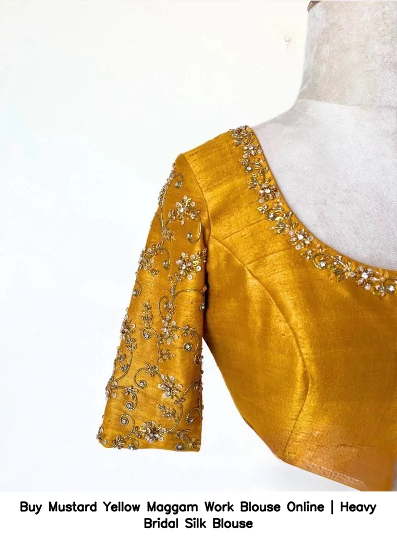 Buy Mustard Yellow Maggam Work Blouse Online | Heavy Bridal Silk Blouse