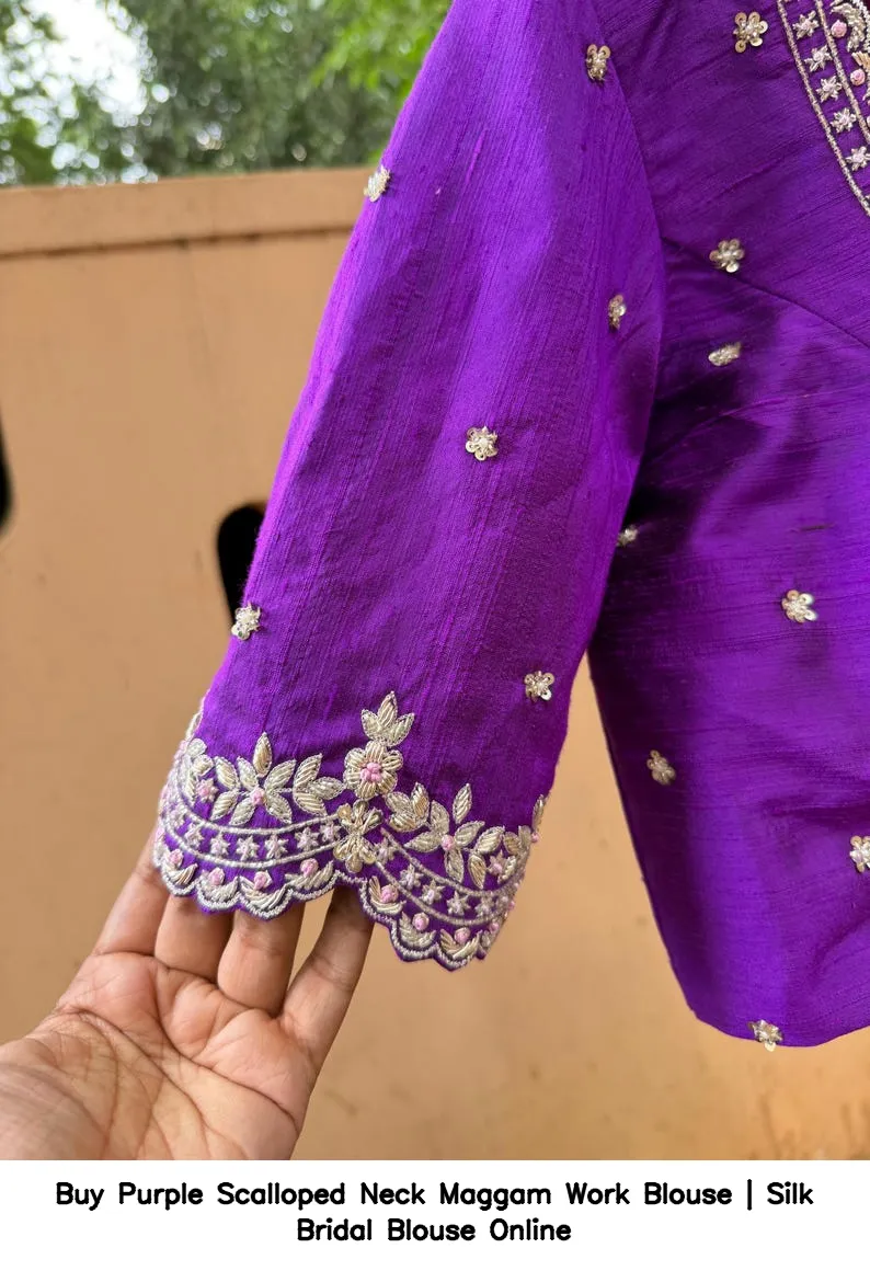 Buy Purple Scalloped Neck Maggam Work Blouse | Silk Bridal Blouse Online