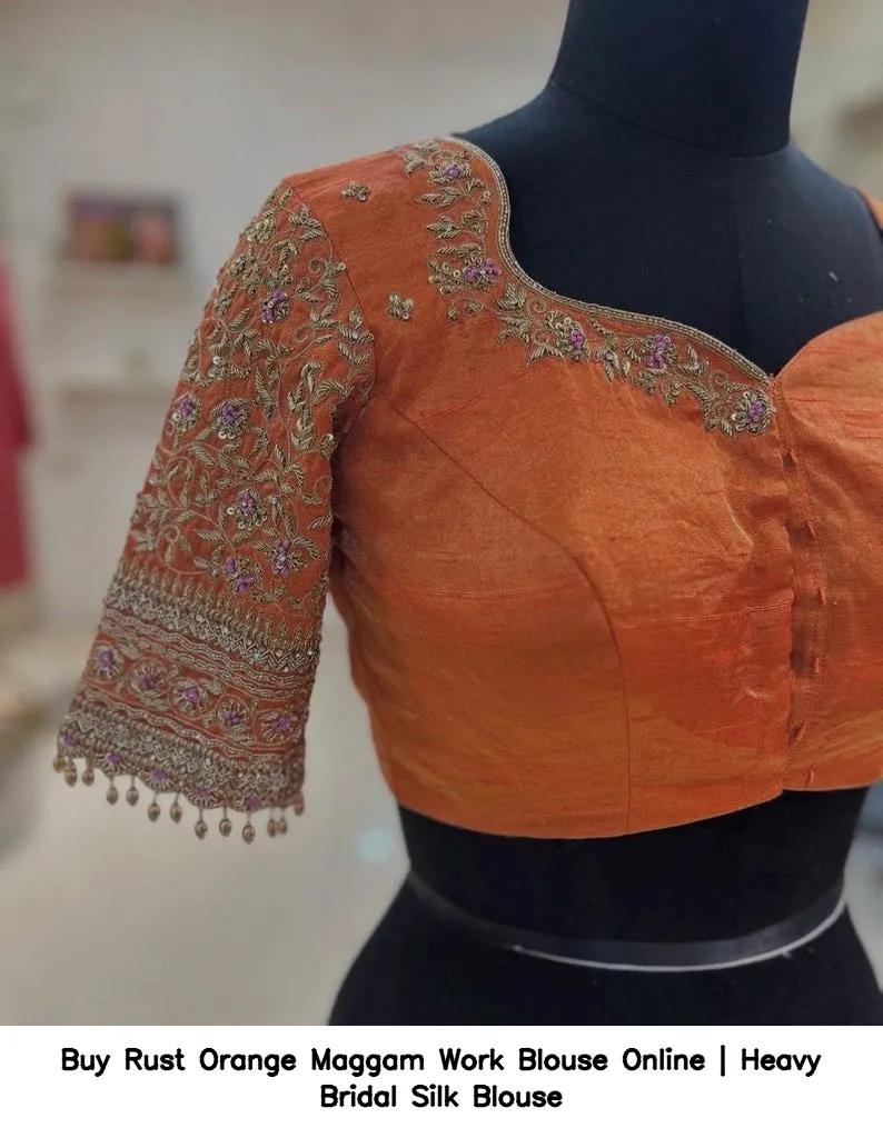 Buy Rust Orange Maggam Work Blouse Online | Heavy Bridal Silk Blouse