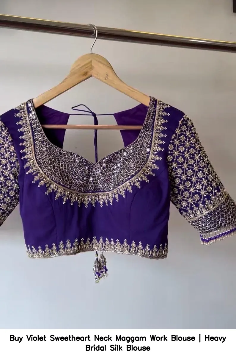 Buy Violet Sweetheart Neck Maggam Work Blouse | Heavy Bridal Silk Blouse
