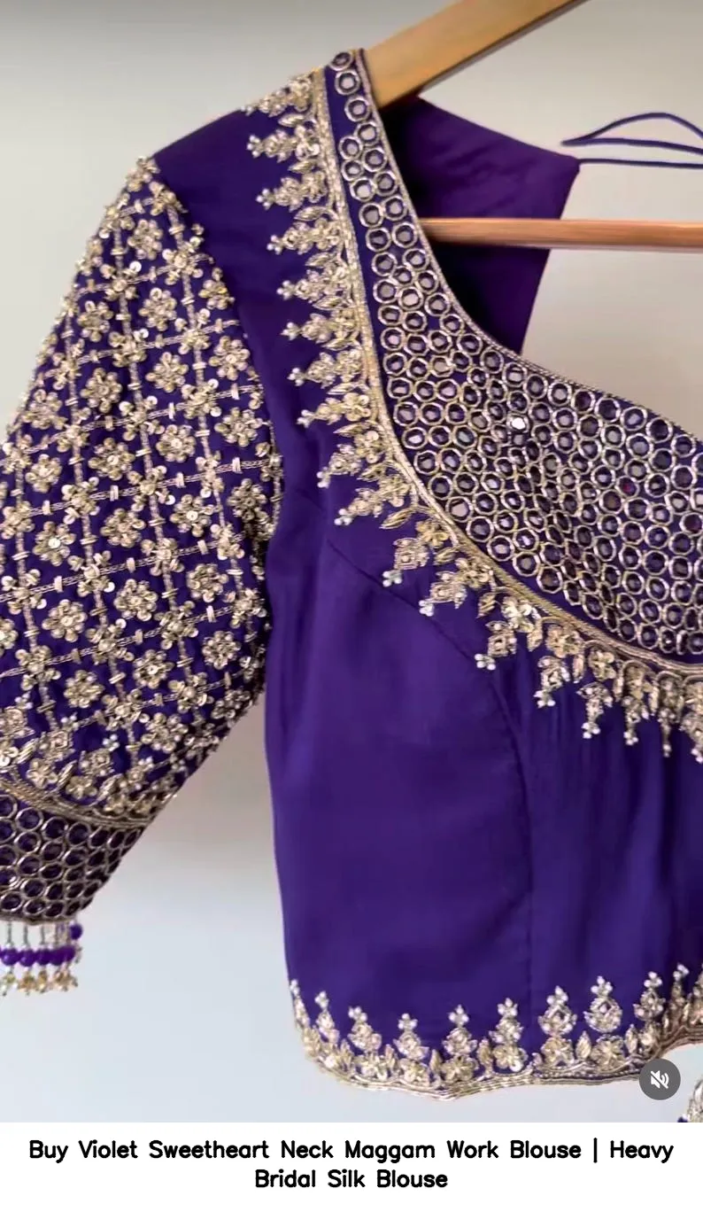Buy Violet Sweetheart Neck Maggam Work Blouse | Heavy Bridal Silk Blouse