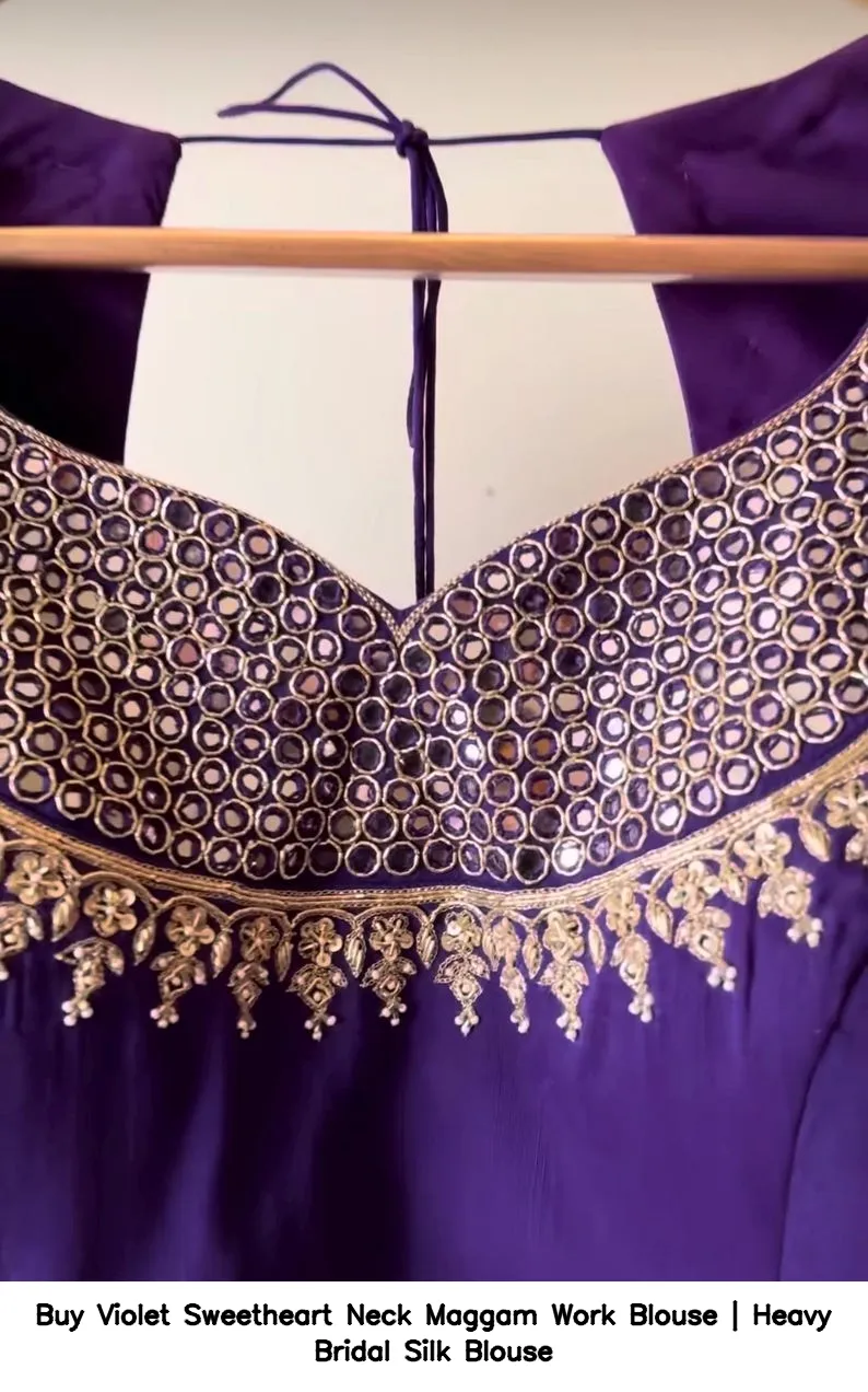 Buy Violet Sweetheart Neck Maggam Work Blouse | Heavy Bridal Silk Blouse