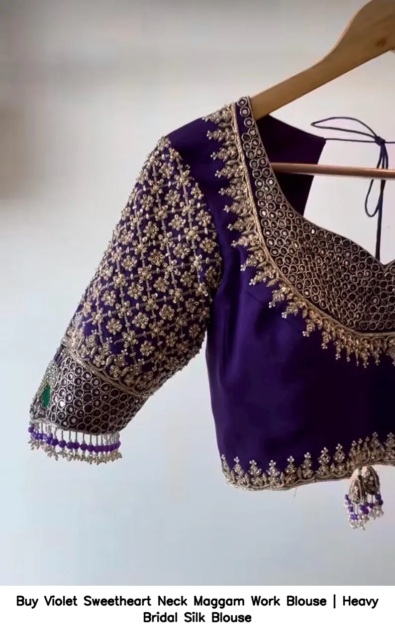 Buy Violet Sweetheart Neck Maggam Work Blouse | Heavy Bridal Silk Blouse