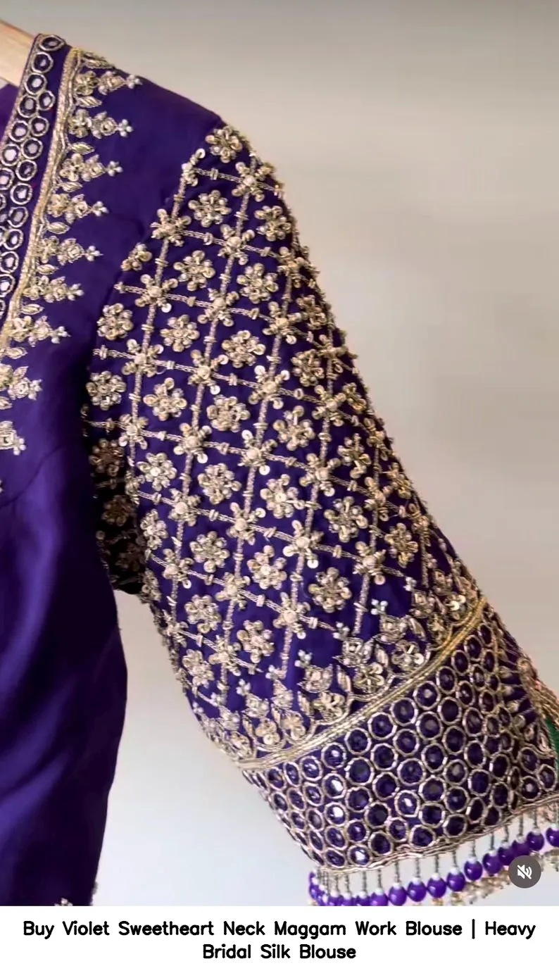 Buy Violet Sweetheart Neck Maggam Work Blouse | Heavy Bridal Silk Blouse