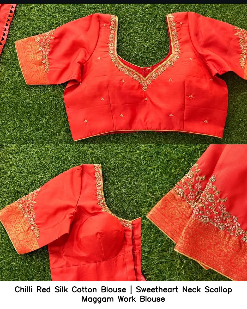 Chilli Red Silk Cotton Blouse | Sweetheart Neck Scallop Maggam Work Blouse