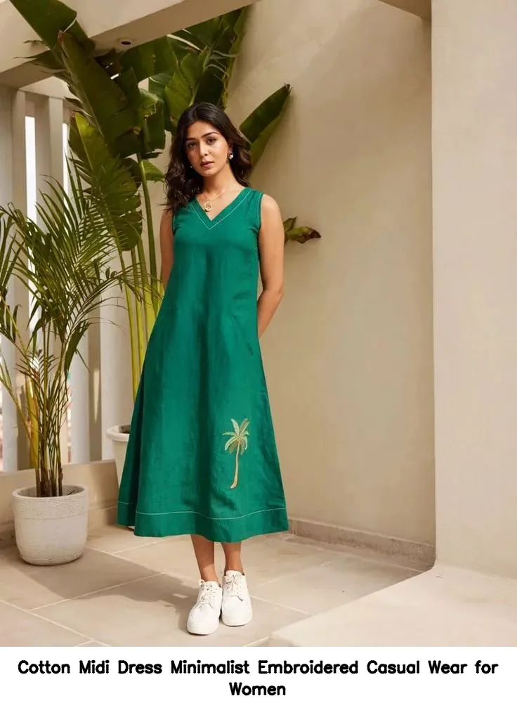 Cotton Midi Dress – Minimalist Embroidered Casual Wear for Women
