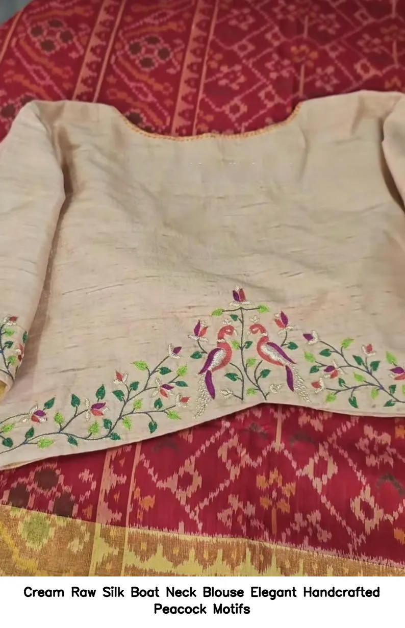 Cream Raw Silk Boat Neck Blouse – Elegant Handcrafted Peacock Motifs