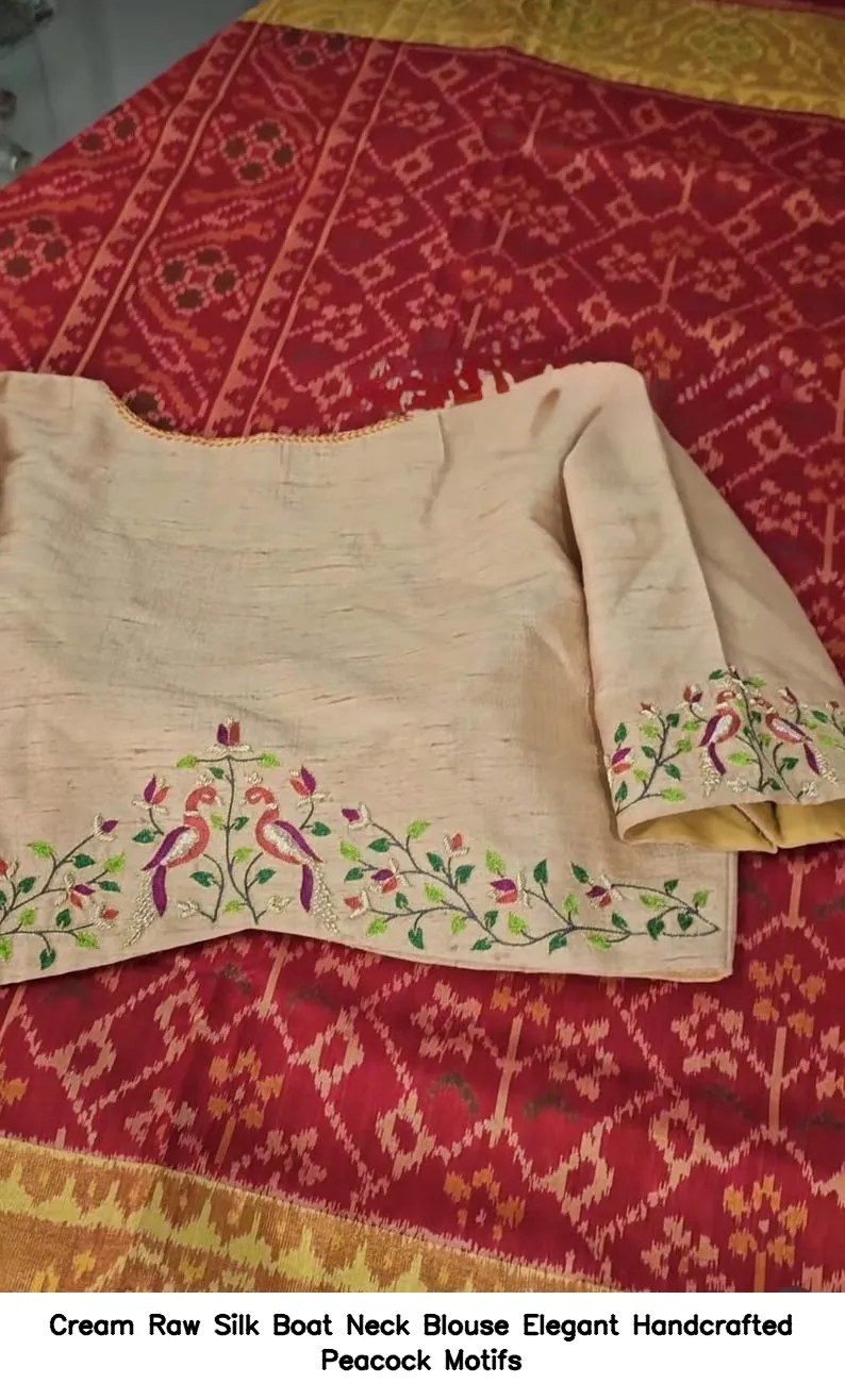 Cream Raw Silk Boat Neck Blouse – Elegant Handcrafted Peacock Motifs