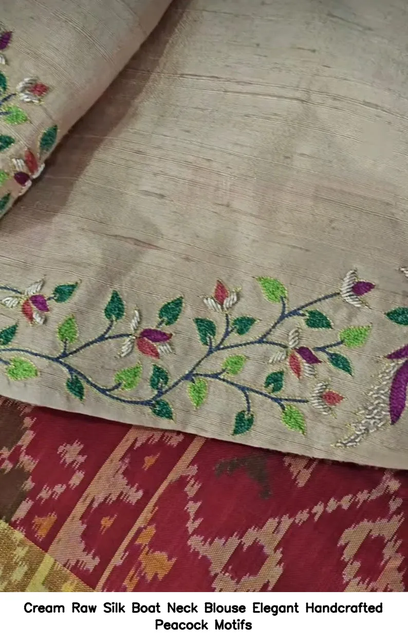 Cream Raw Silk Boat Neck Blouse – Elegant Handcrafted Peacock Motifs