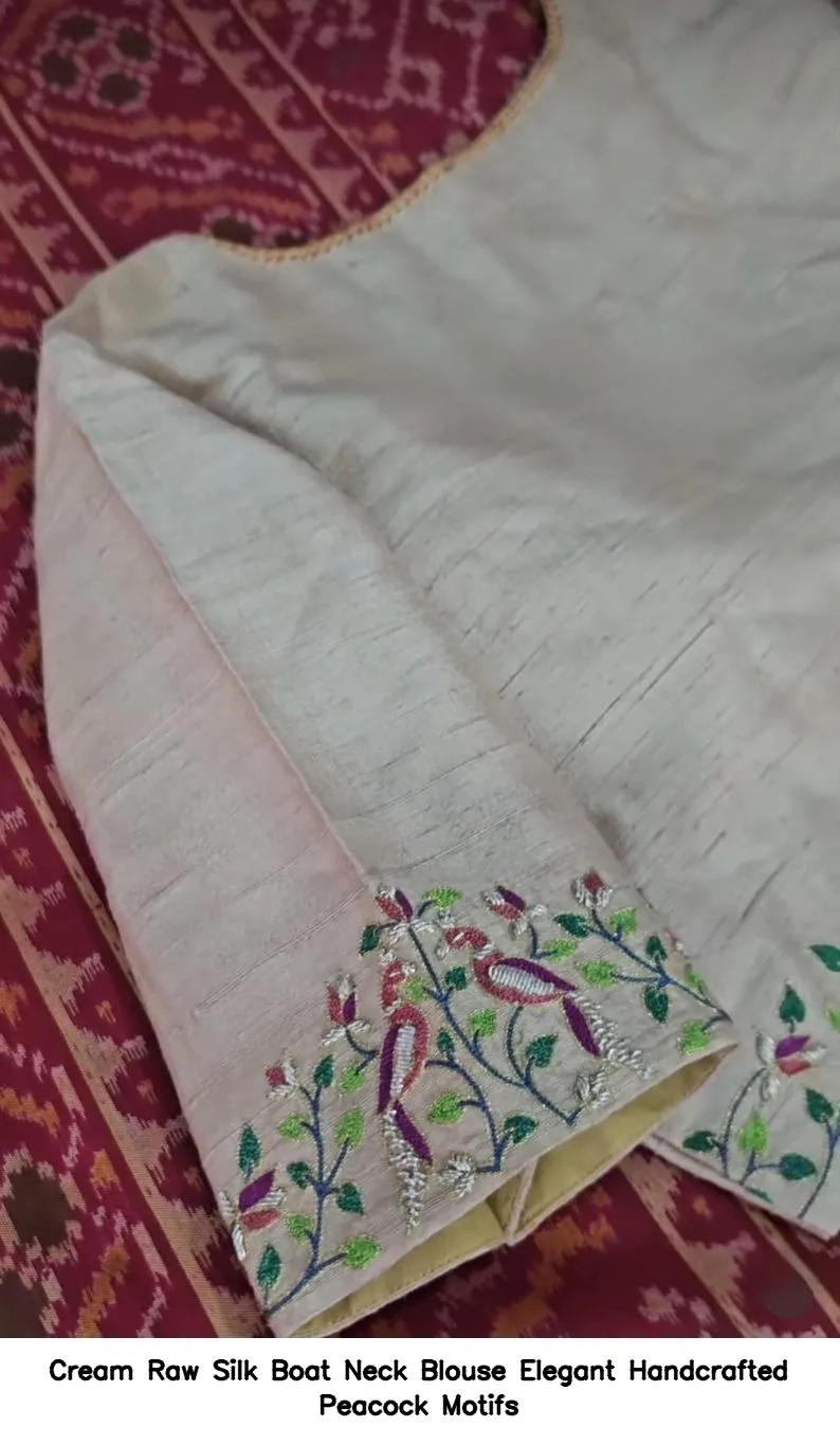 Cream Raw Silk Boat Neck Blouse – Elegant Handcrafted Peacock Motifs