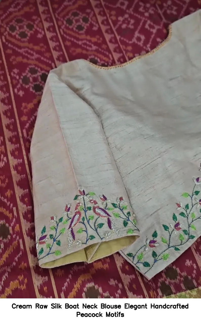 Cream Raw Silk Boat Neck Blouse – Elegant Handcrafted Peacock Motifs