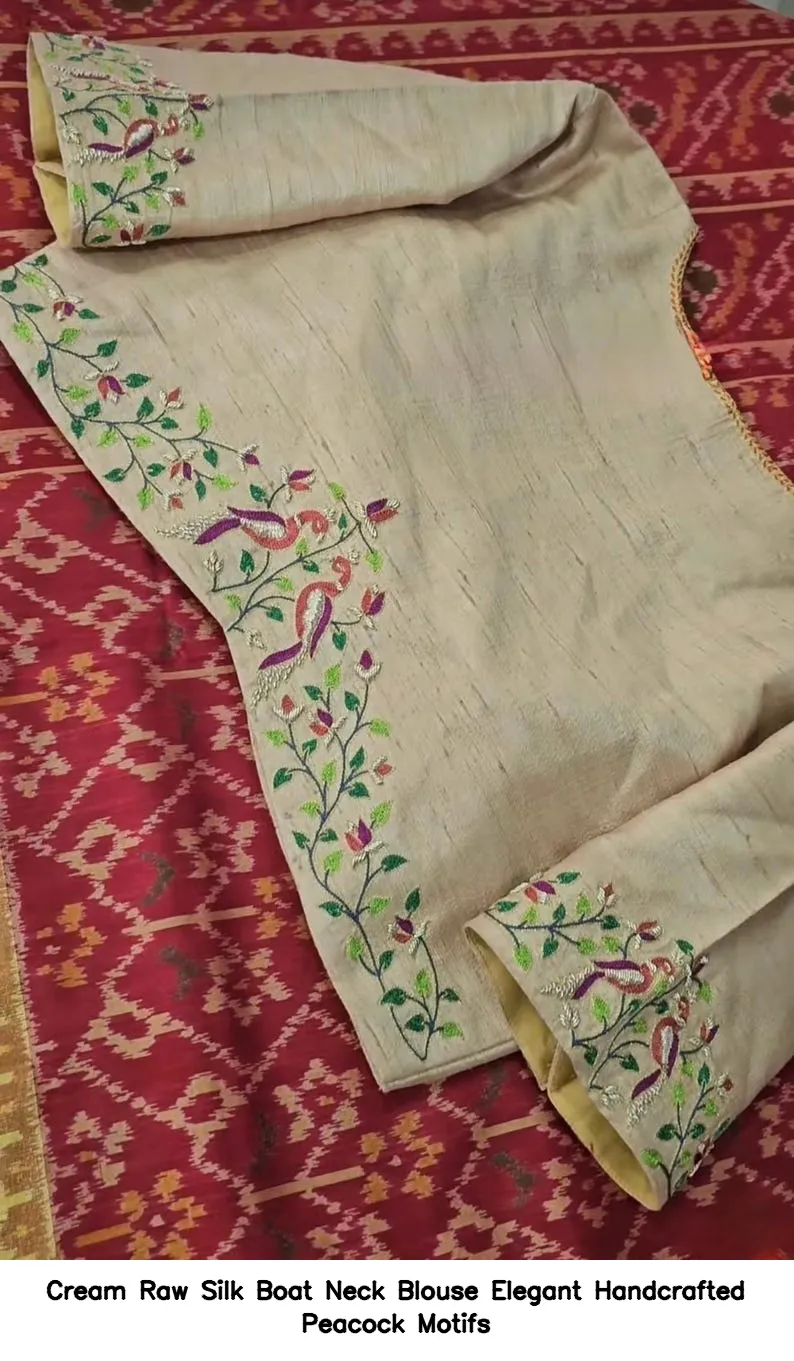 Cream Raw Silk Boat Neck Blouse – Elegant Handcrafted Peacock Motifs