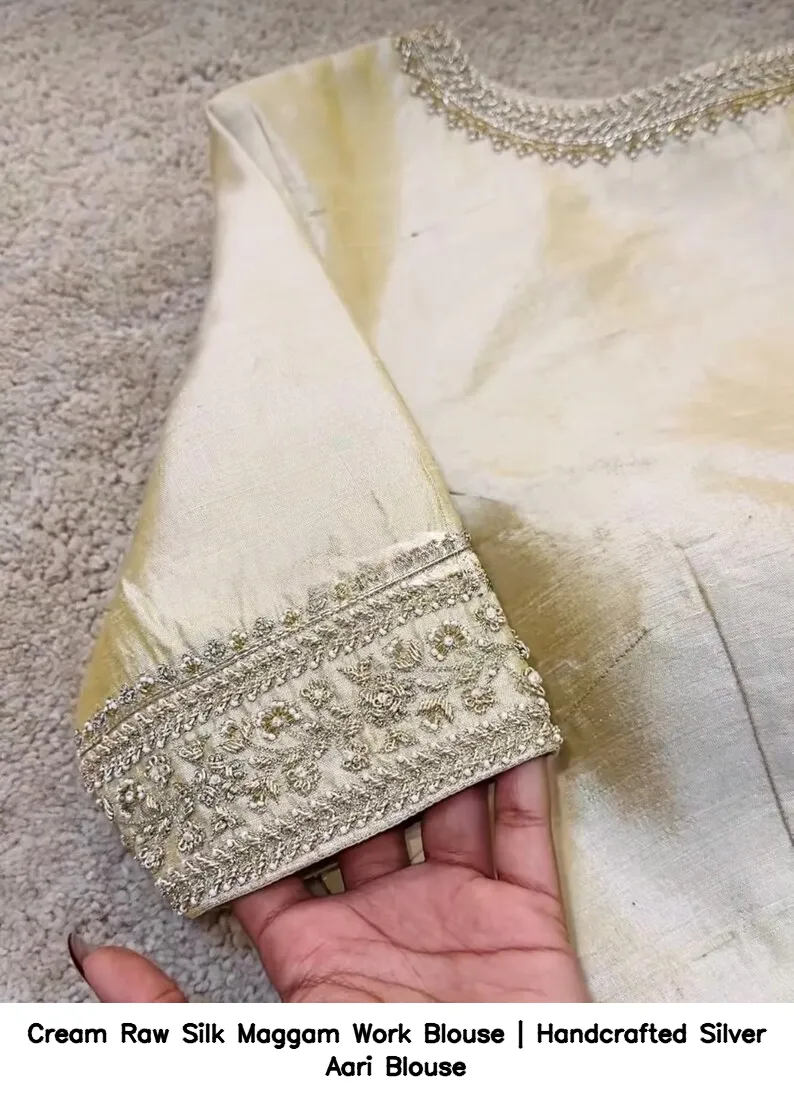 Cream Raw Silk Maggam Work Blouse | Handcrafted Silver Aari Blouse