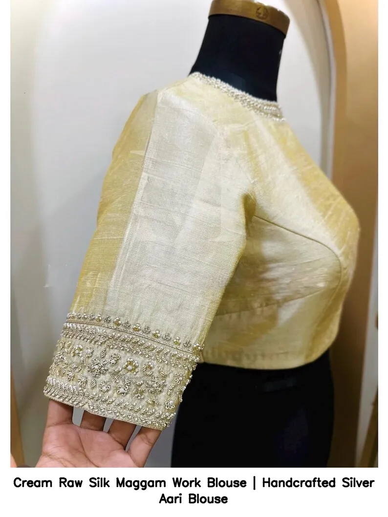 Cream Raw Silk Maggam Work Blouse | Handcrafted Silver Aari Blouse