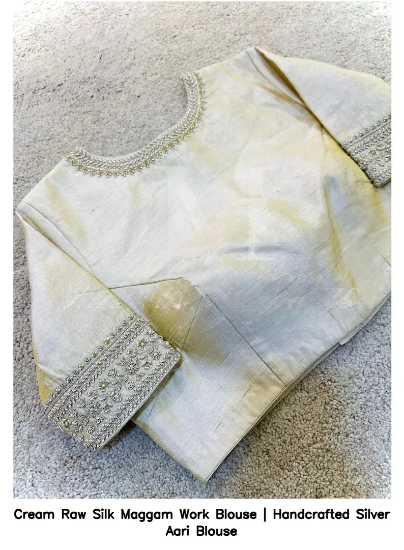 Cream Raw Silk Maggam Work Blouse | Handcrafted Silver Aari Blouse