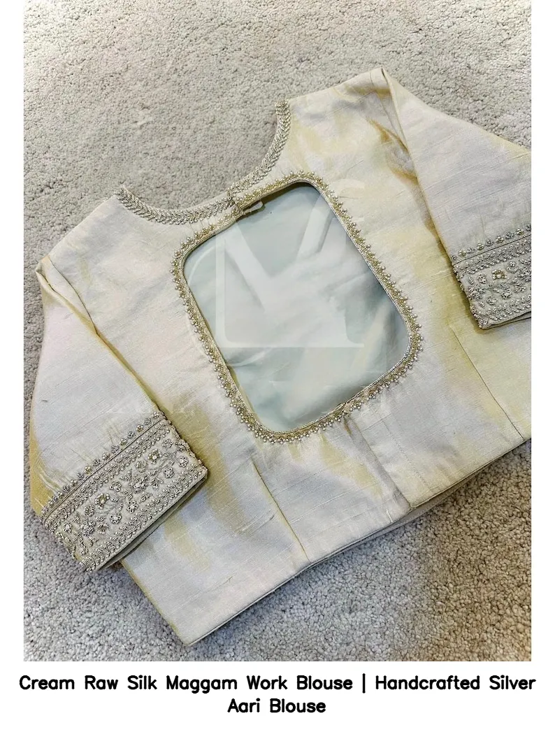 Cream Raw Silk Maggam Work Blouse | Handcrafted Silver Aari Blouse