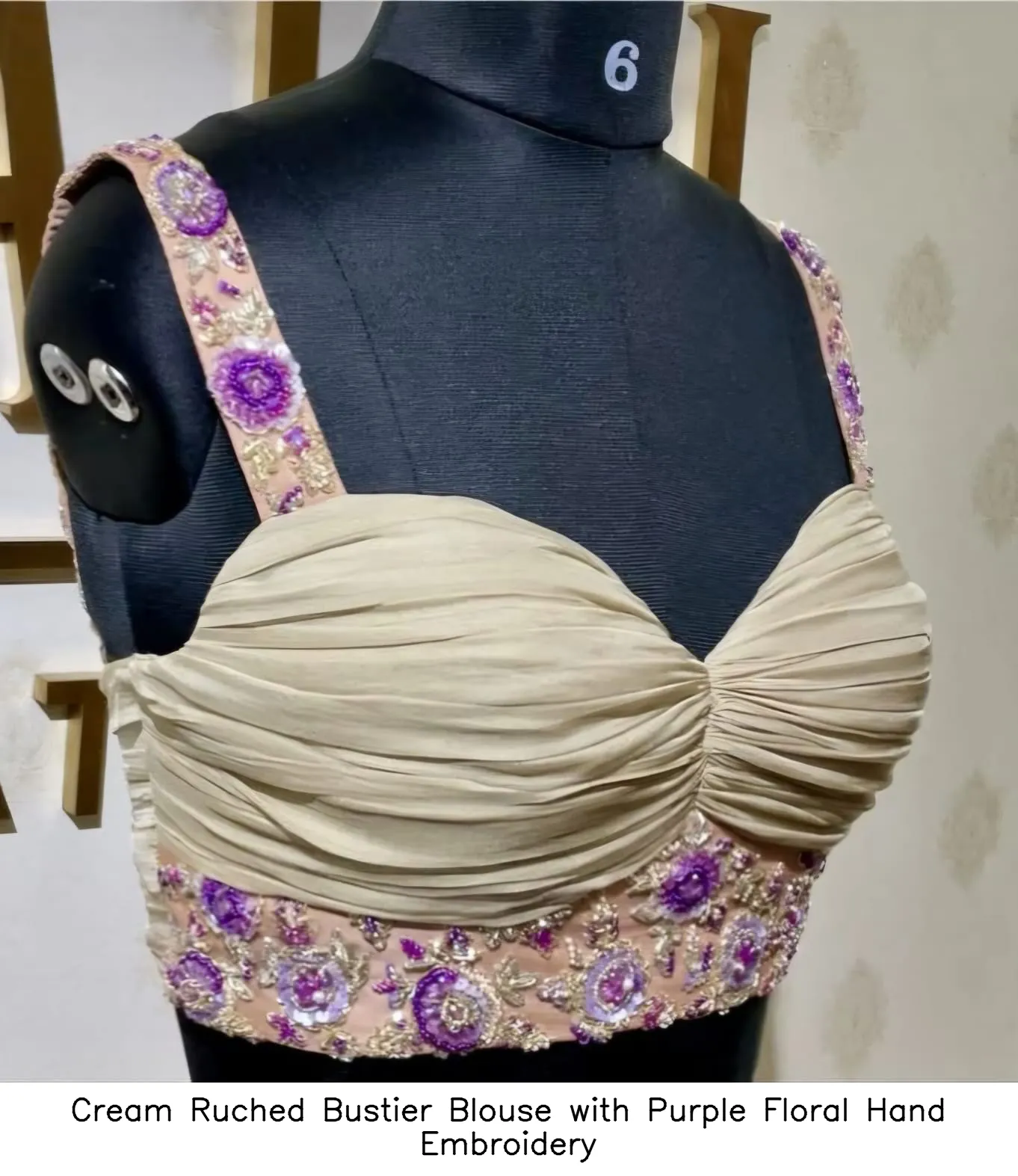 Cream Ruched Bustier Blouse with Purple Floral Hand Embroidery