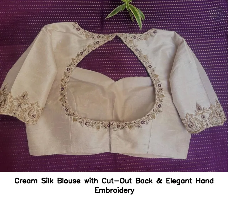 Cream Silk Blouse with Cut-Out Back & Elegant Hand Embroidery