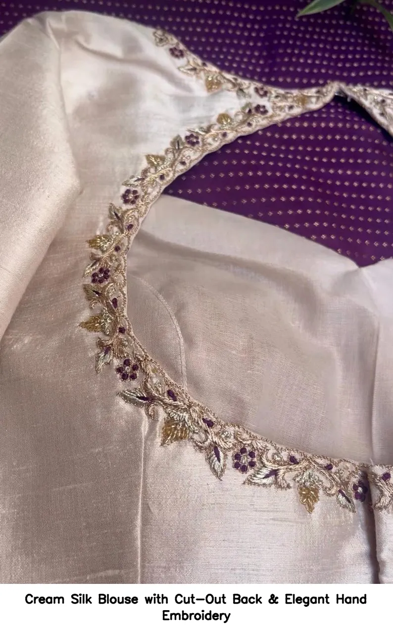 Cream Silk Blouse with Cut-Out Back & Elegant Hand Embroidery