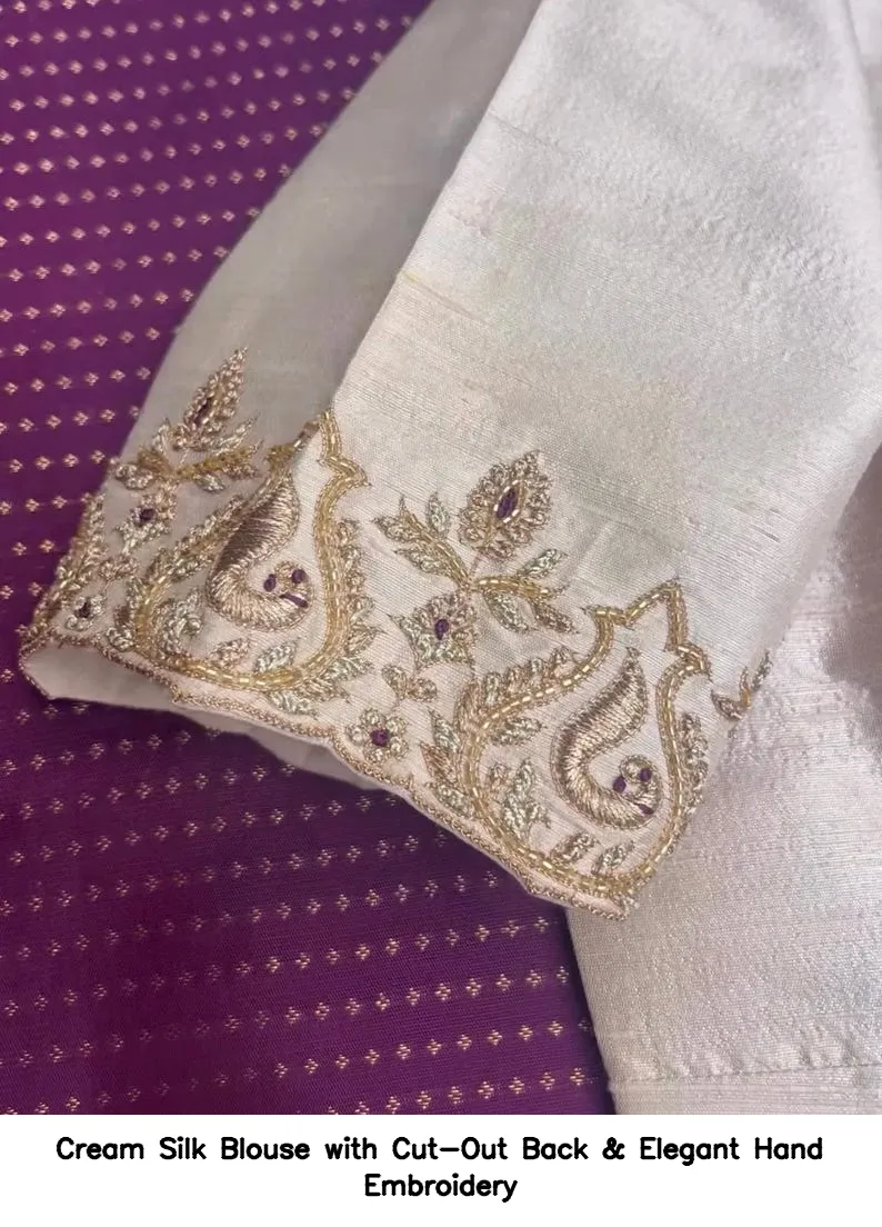 Cream Silk Blouse with Cut-Out Back & Elegant Hand Embroidery