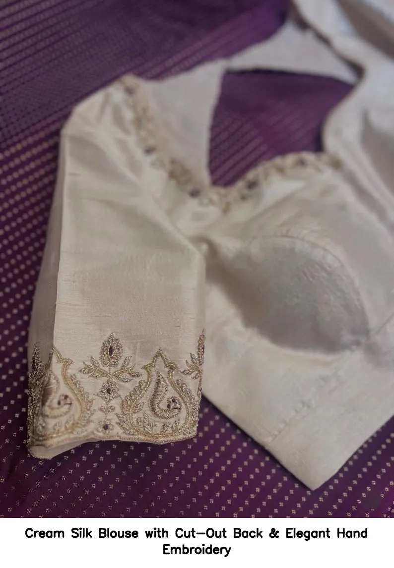Cream Silk Blouse with Cut-Out Back & Elegant Hand Embroidery