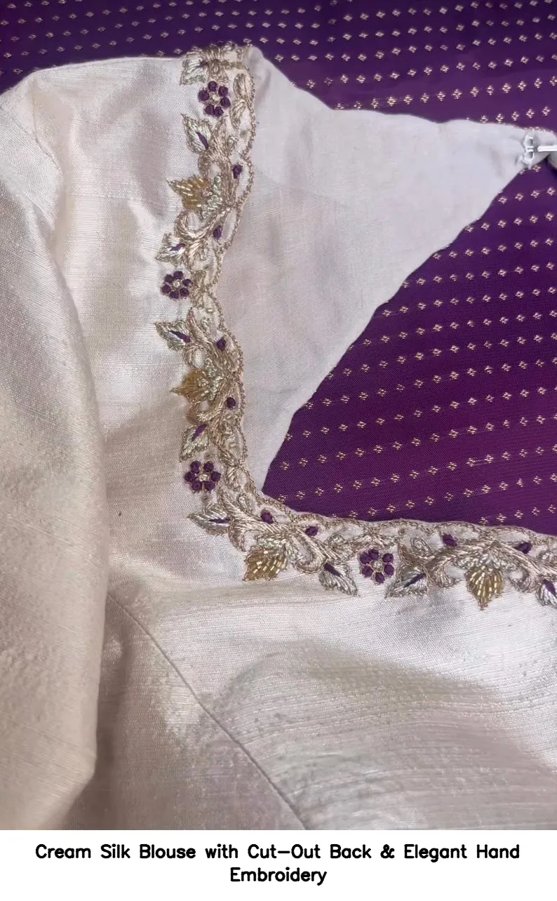 Cream Silk Blouse with Cut-Out Back & Elegant Hand Embroidery