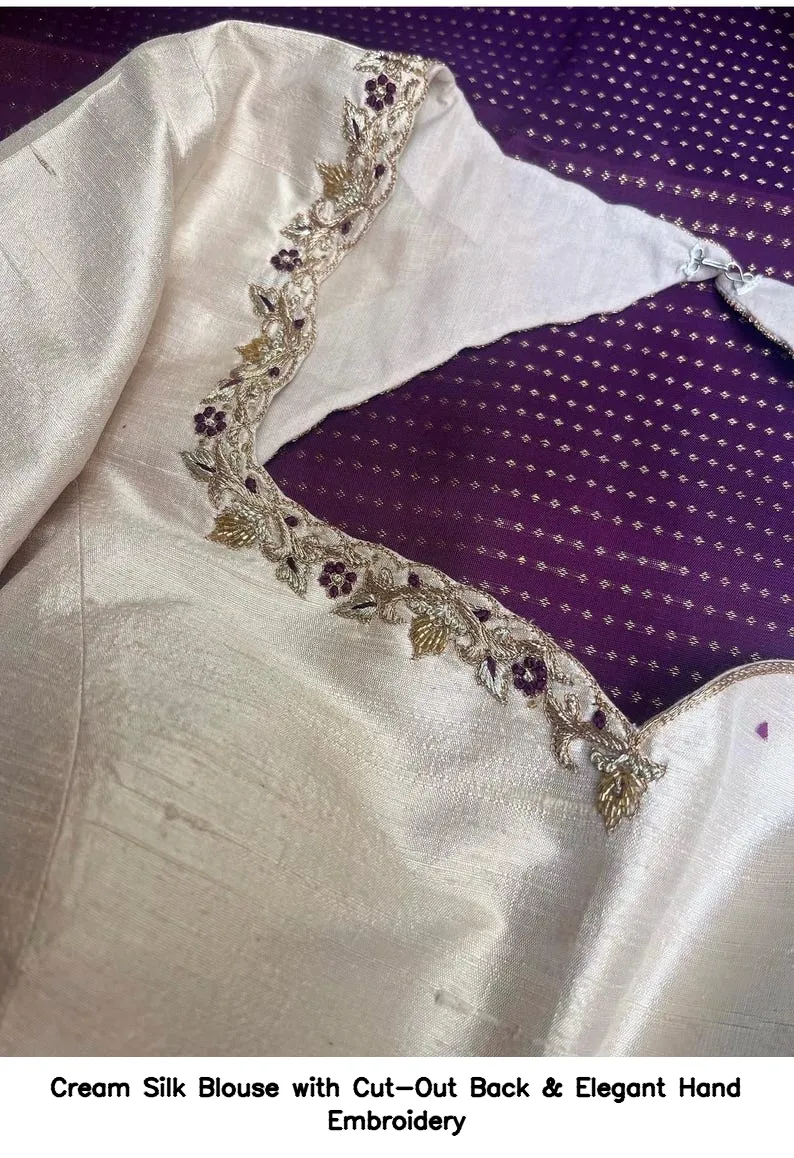 Cream Silk Blouse with Cut-Out Back & Elegant Hand Embroidery