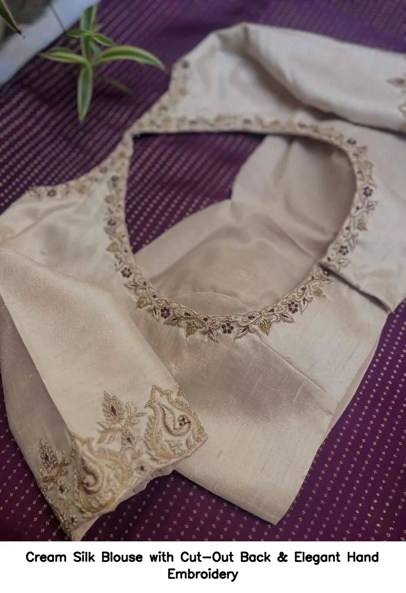 Cream Silk Blouse with Cut-Out Back & Elegant Hand Embroidery