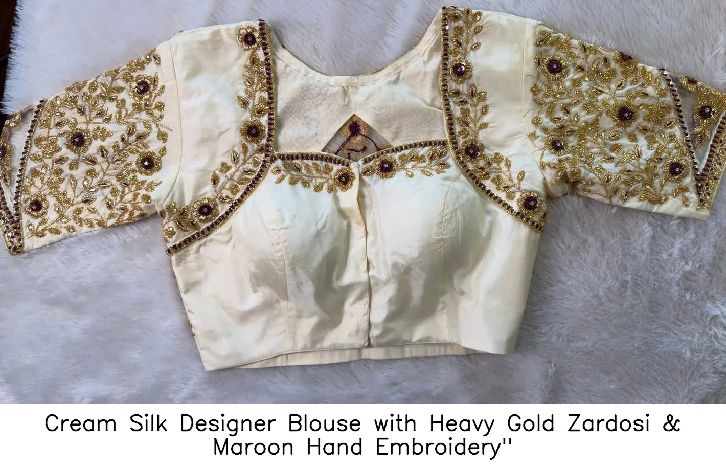 Cream Silk Designer Blouse with Heavy Gold Zardosi & Maroon Hand Embroidery"