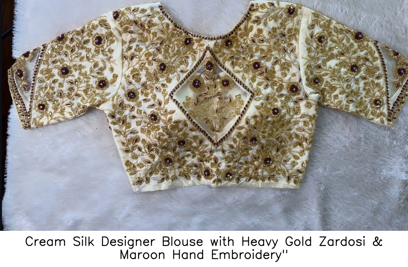 Cream Silk Designer Blouse with Heavy Gold Zardosi & Maroon Hand Embroidery"