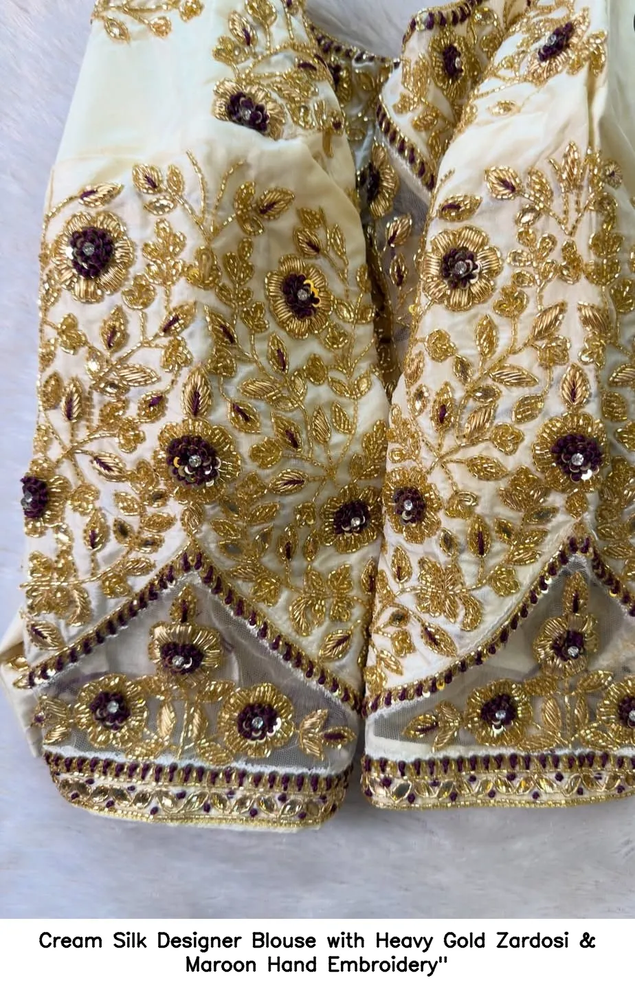 Cream Silk Designer Blouse with Heavy Gold Zardosi & Maroon Hand Embroidery"