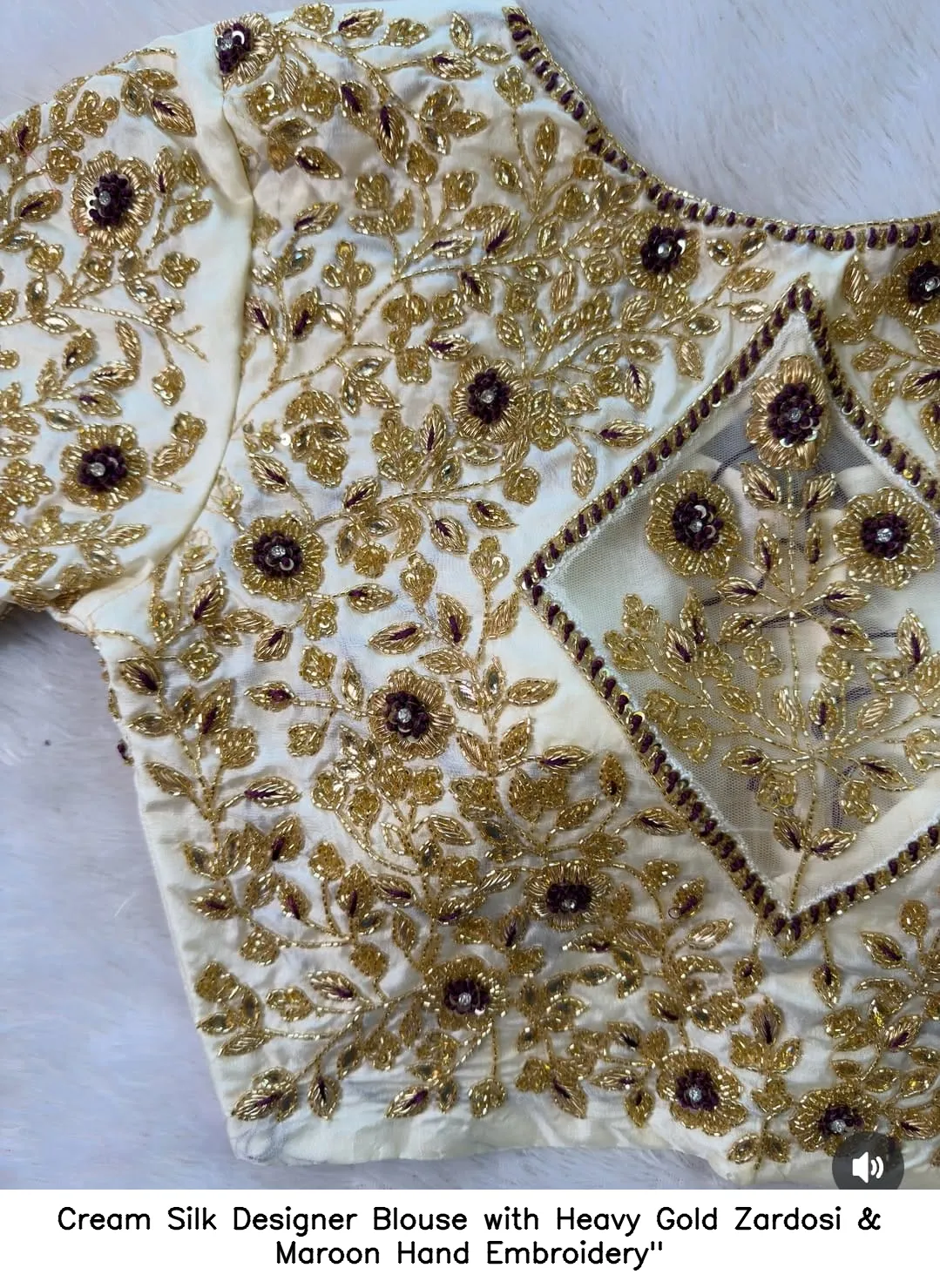 Cream Silk Designer Blouse with Heavy Gold Zardosi & Maroon Hand Embroidery"