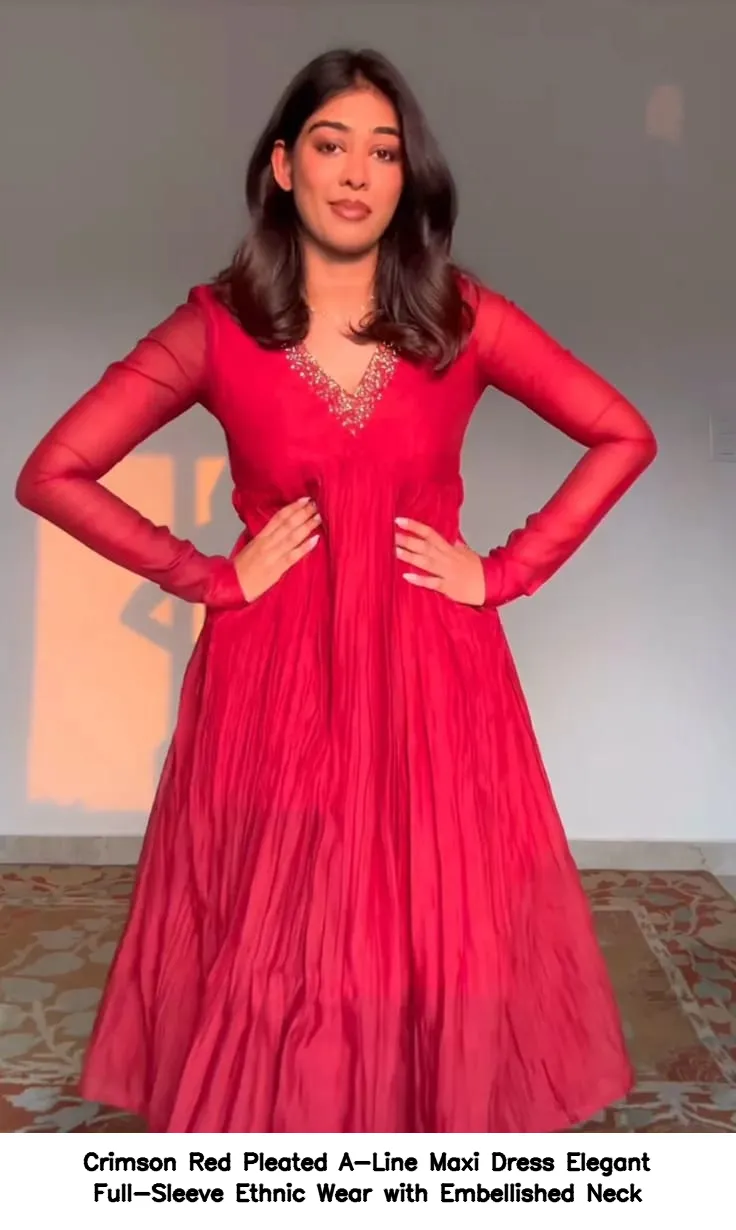 Crimson Red Pleated A-Line Maxi Dress – Elegant Full-Sleeve Ethnic Wear with Embellished Neck