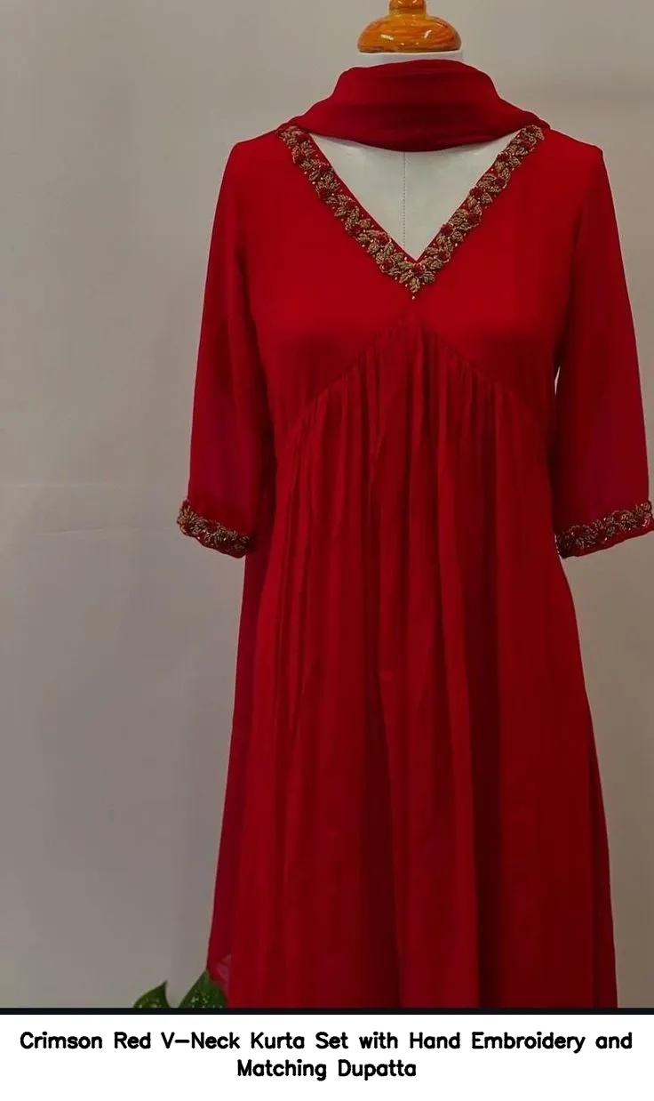 Crimson Red V-Neck Kurta Set with Hand Embroidery and Matching Dupatta