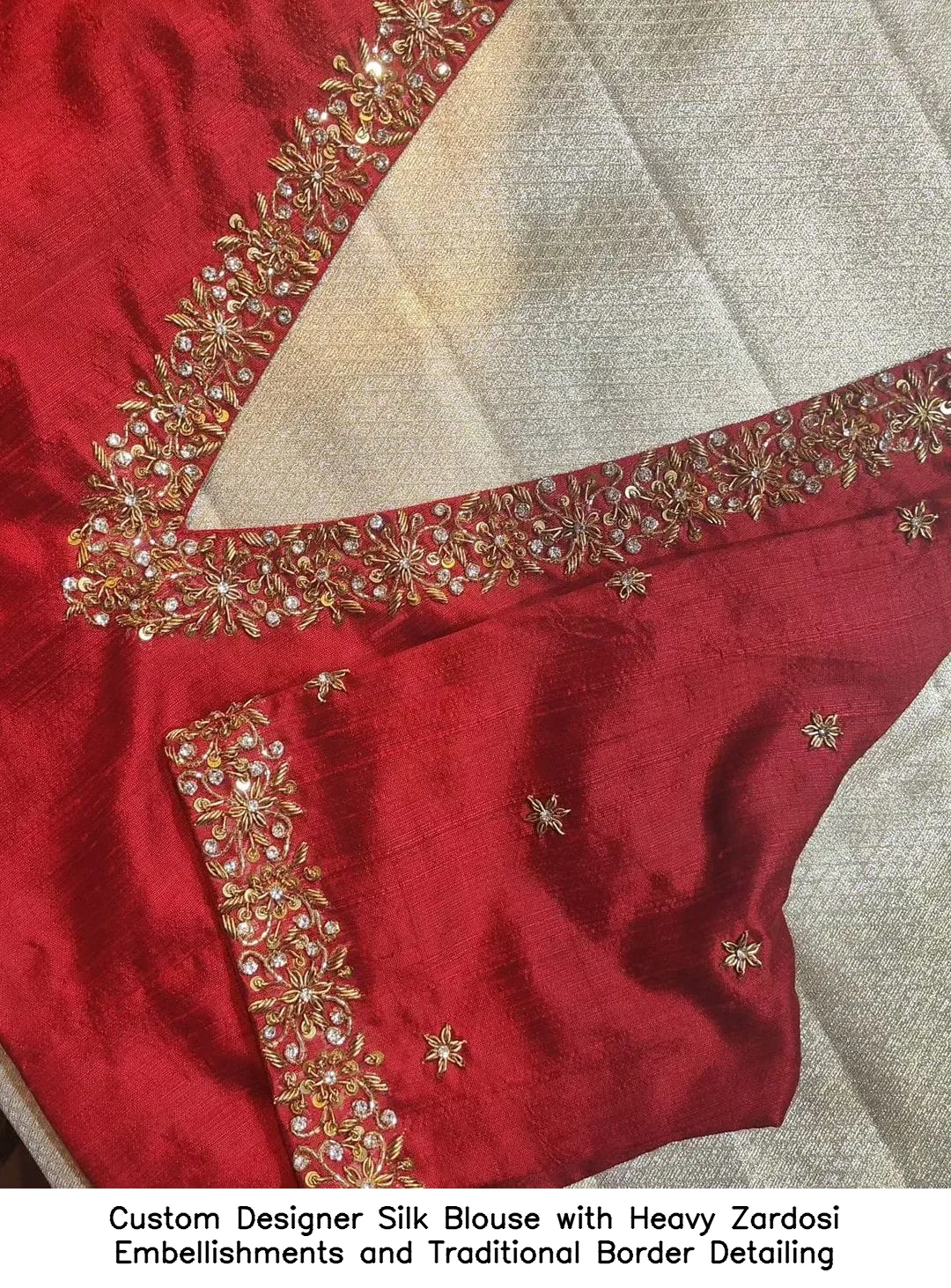 Custom Designer Silk Blouse with Heavy Zardosi Embellishments and Traditional Border Detailing