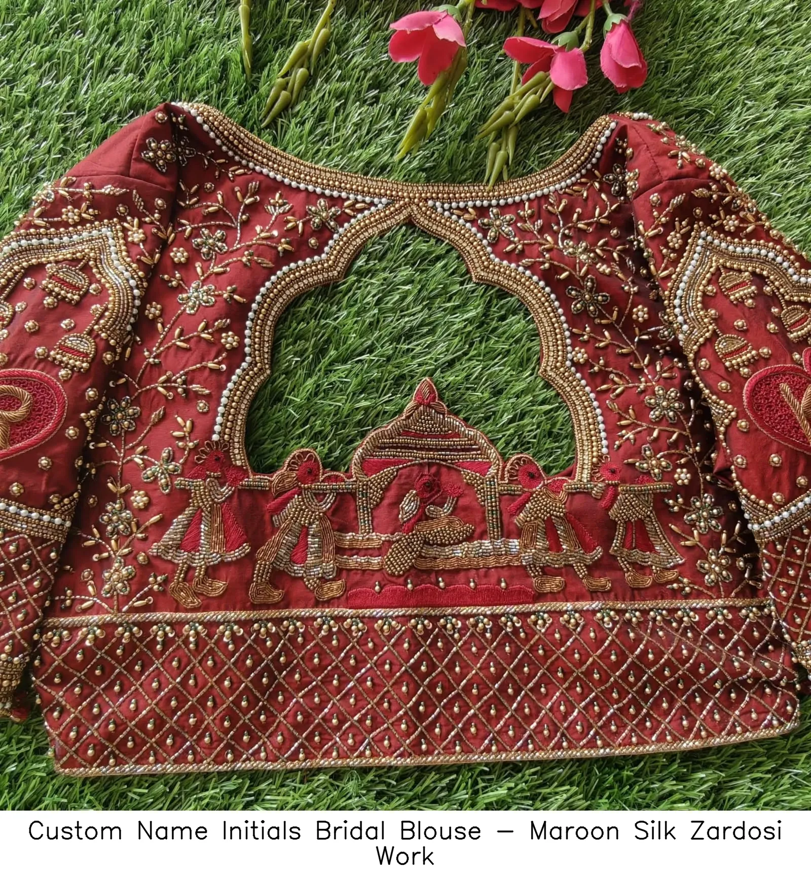 Custom Name Initials Bridal Blouse - Maroon Silk Zardosi Work