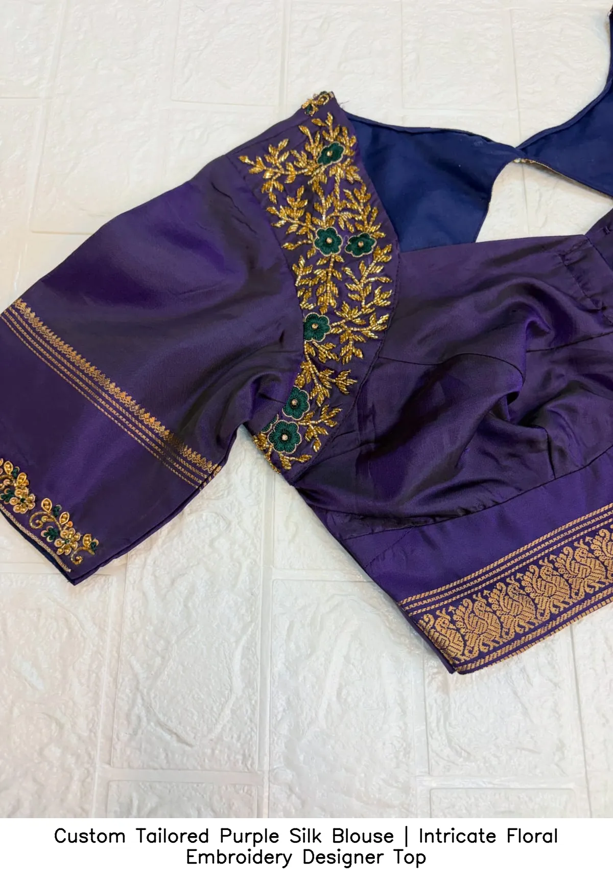 Custom Tailored Purple Silk Blouse | Intricate Floral Embroidery Designer Top