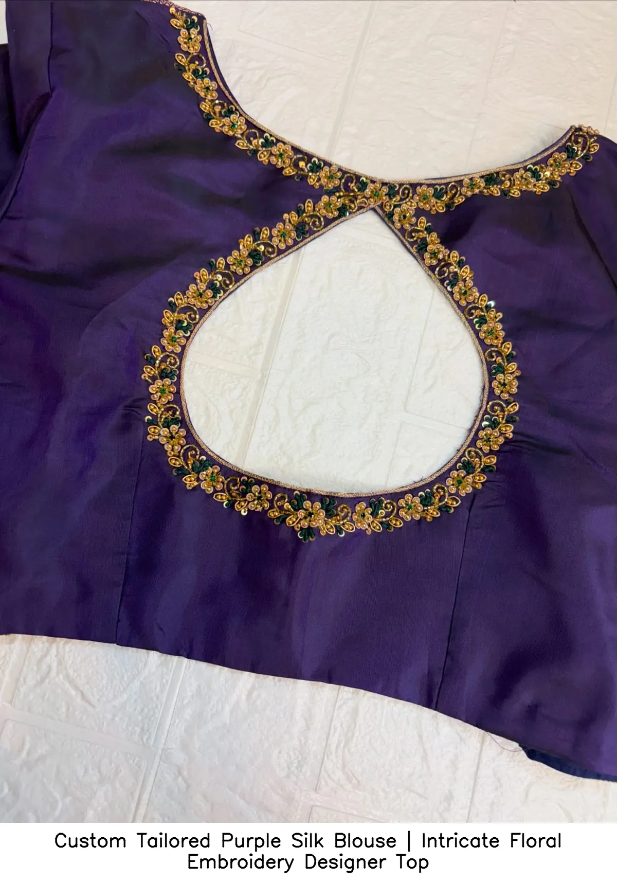 Custom Tailored Purple Silk Blouse | Intricate Floral Embroidery Designer Top 3