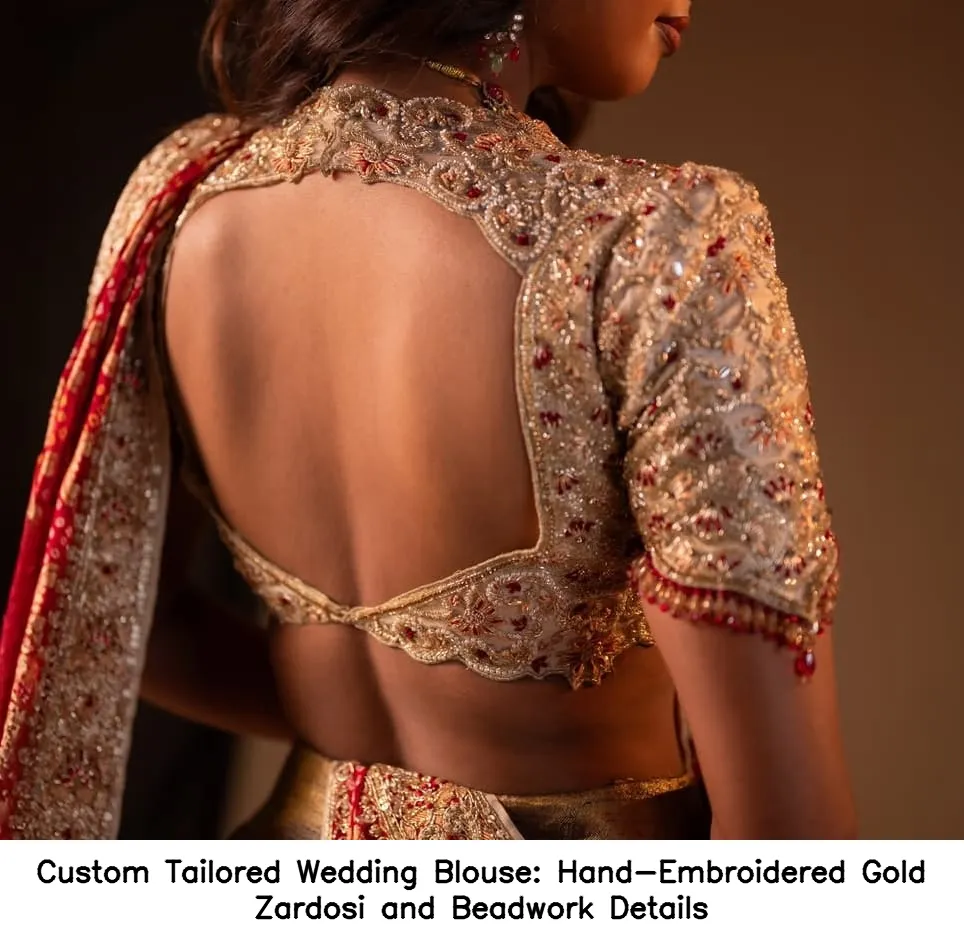 Custom Tailored Wedding Blouse: Hand-Embroidered Gold Zardosi and Beadwork Details