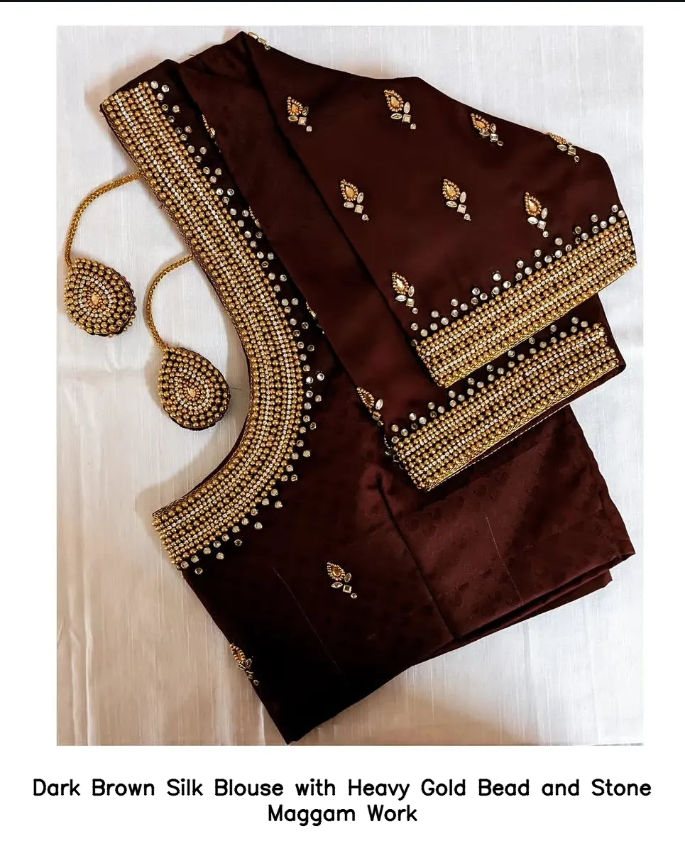 Dark Brown Silk Blouse with Heavy Gold Bead and Stone Maggam Work
