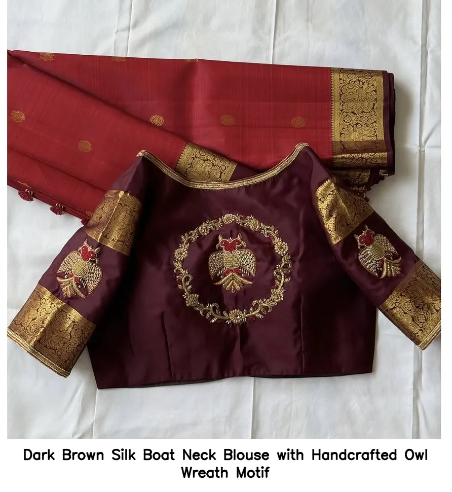 Dark Brown Silk Boat Neck Blouse with Handcrafted Owl Wreath Motif