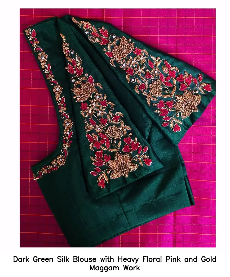 Dark Green Silk Blouse with Heavy Floral Pink and Gold Maggam Work