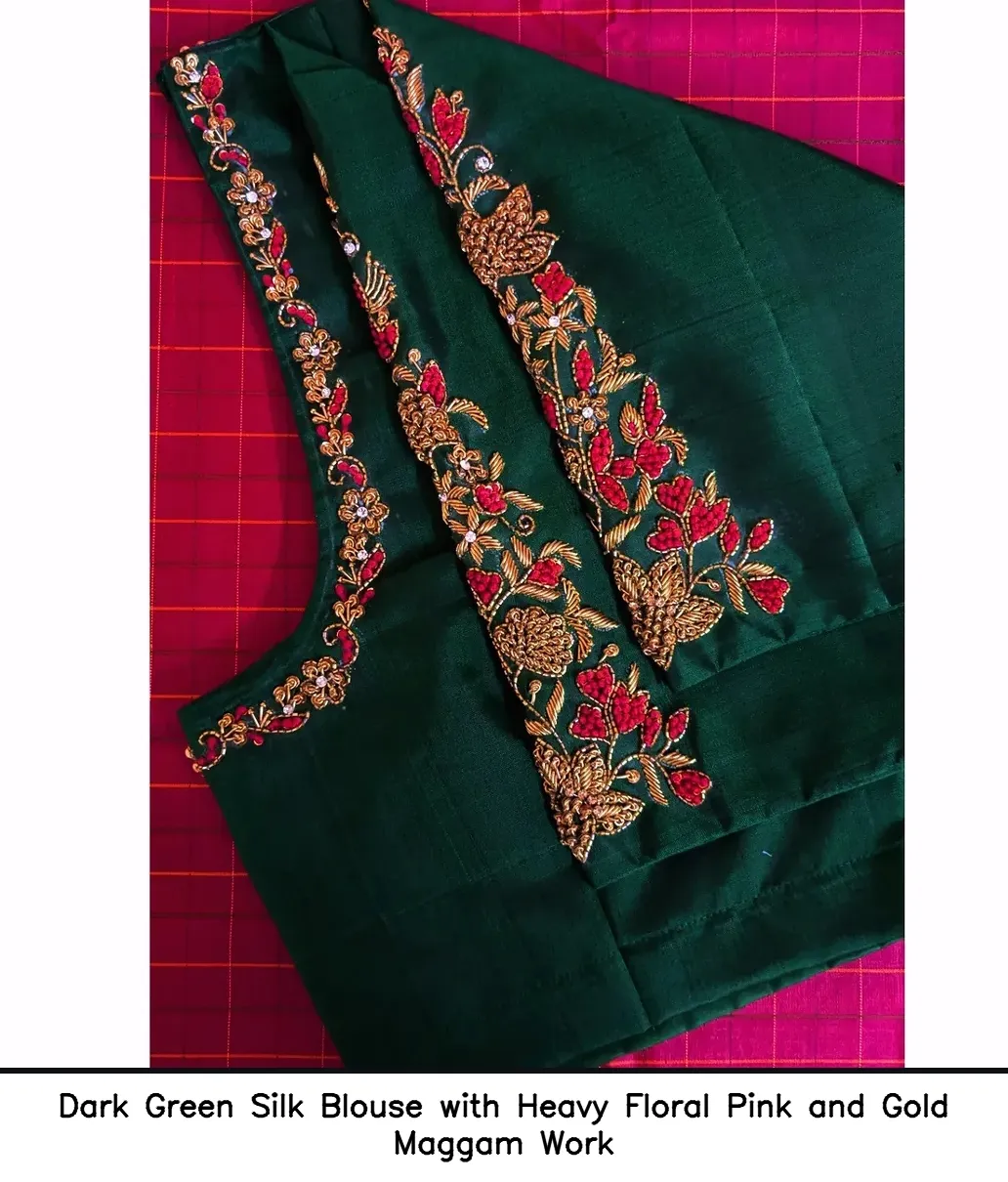 Dark Green Silk Blouse with Heavy Floral Pink and Gold Maggam Work