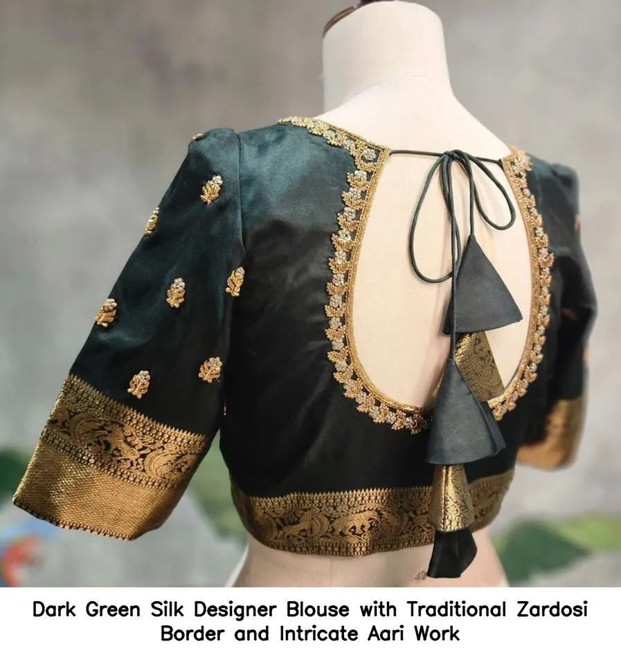 Dark Green Silk Designer Blouse with Traditional Zardosi Border and Intricate Aari Work
