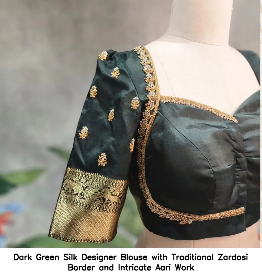 Dark Green Silk Designer Blouse with Traditional Zardosi Border and Intricate Aari Work