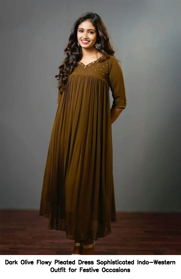 Dark Olive Flowy Pleated Dress – Sophisticated Indo-Western Outfit for Festive Occasions