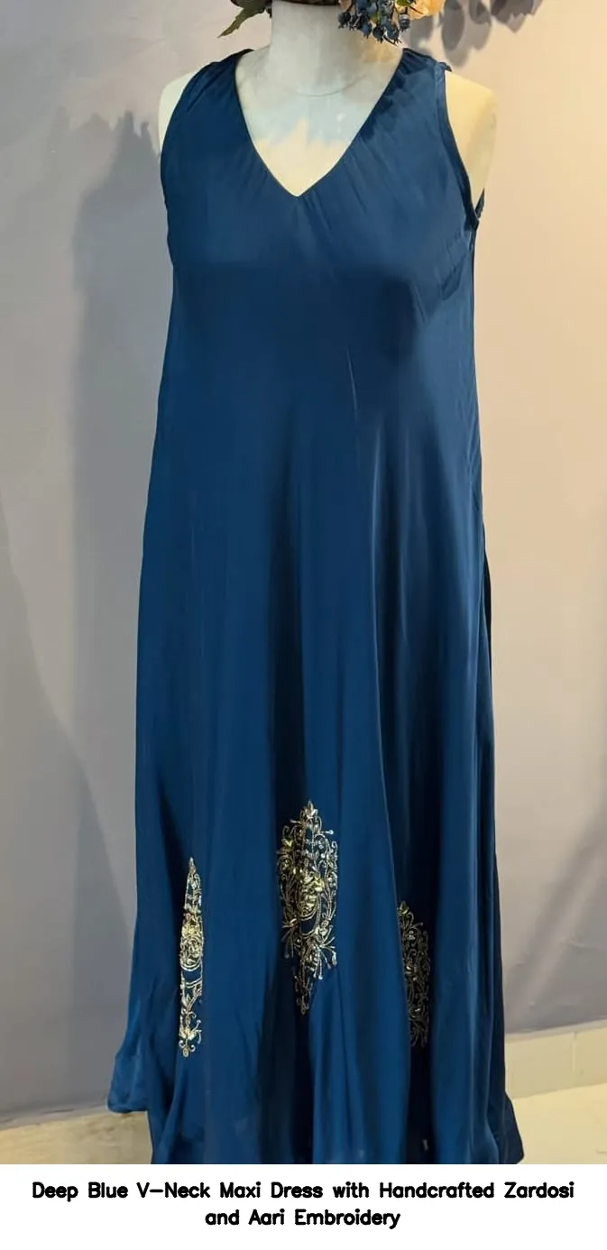Deep Blue V-Neck Maxi Dress with Handcrafted Zardosi and Aari Embroidery