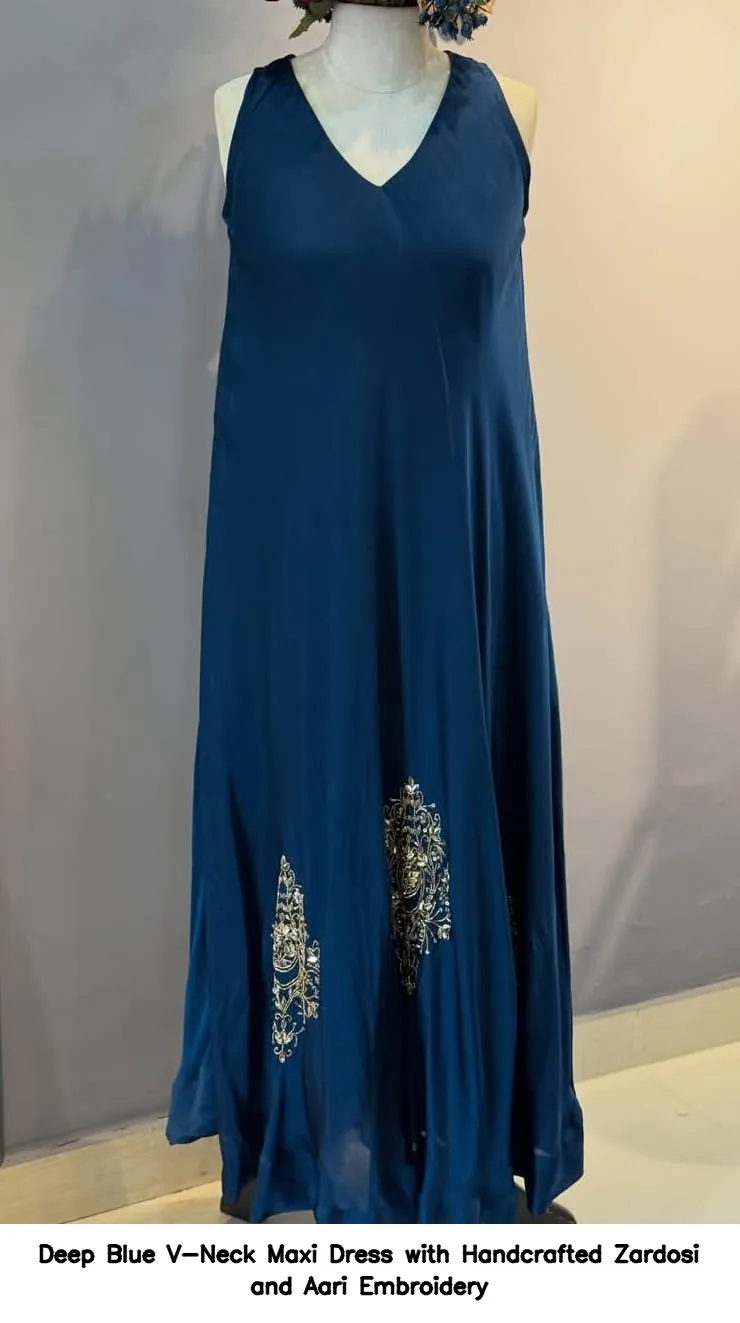 Deep Blue V-Neck Maxi Dress with Handcrafted Zardosi and Aari Embroidery 2